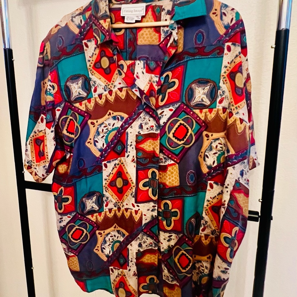 Vintage Button Down Shirt with Multicolor Geometric Print